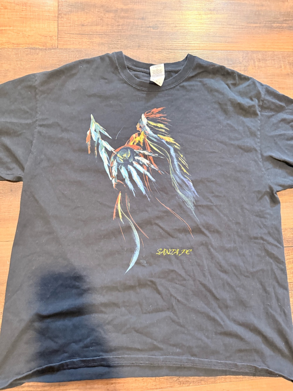 Vintage Gildan Black Short-Sleeve Tee with Multicolor Feathered Native American